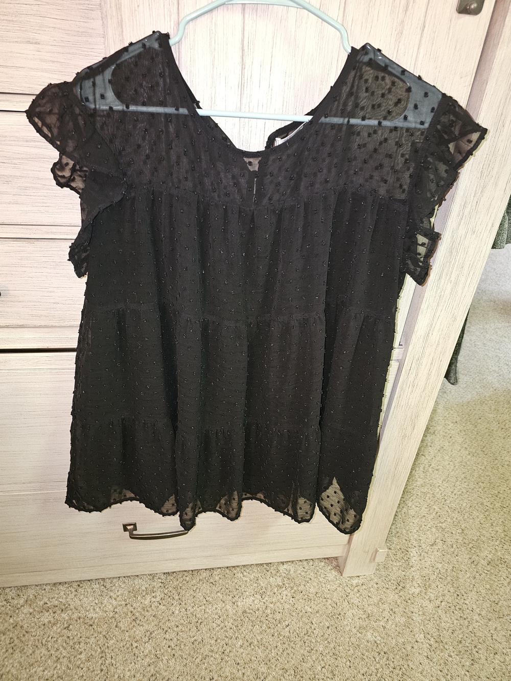 Dorose Women’s Black Swiss Dot Short Sleeve Ruffle Top With Sheer Overlay